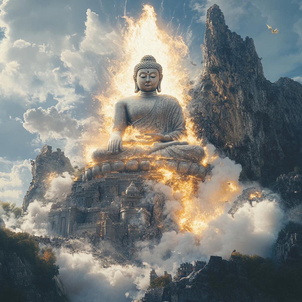 Buddha statue on mountain destroyed by white fireball.