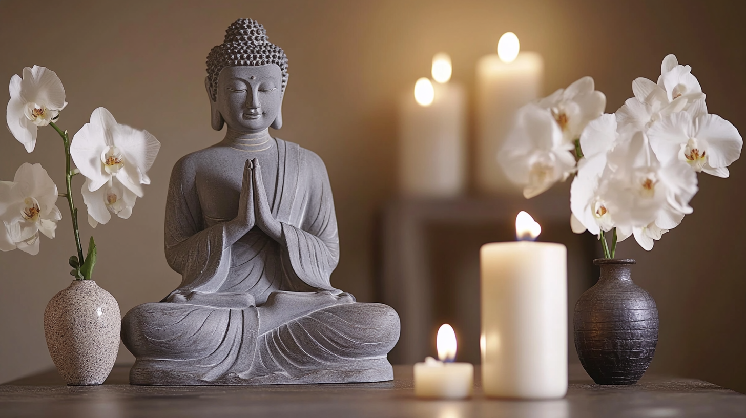 Buddha statue with flowers, candles in peaceful room setting.