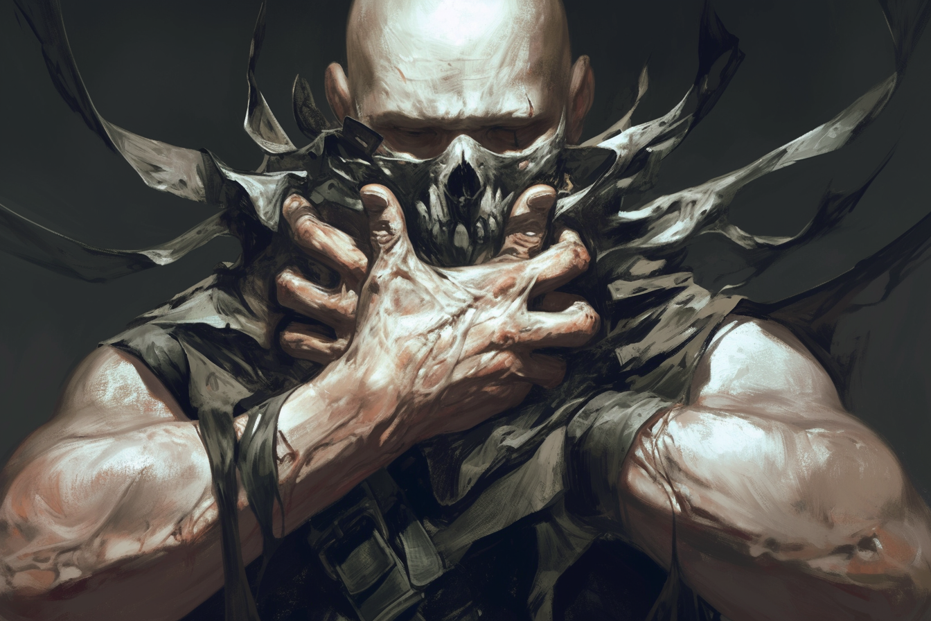 Buff bald man in terrifying art style chokes himself.