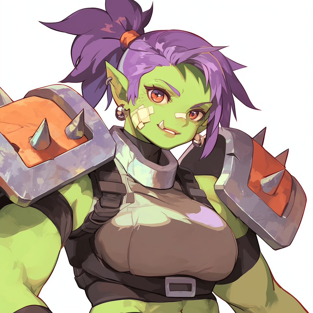 Buff orc girl poses for magazine on beach.