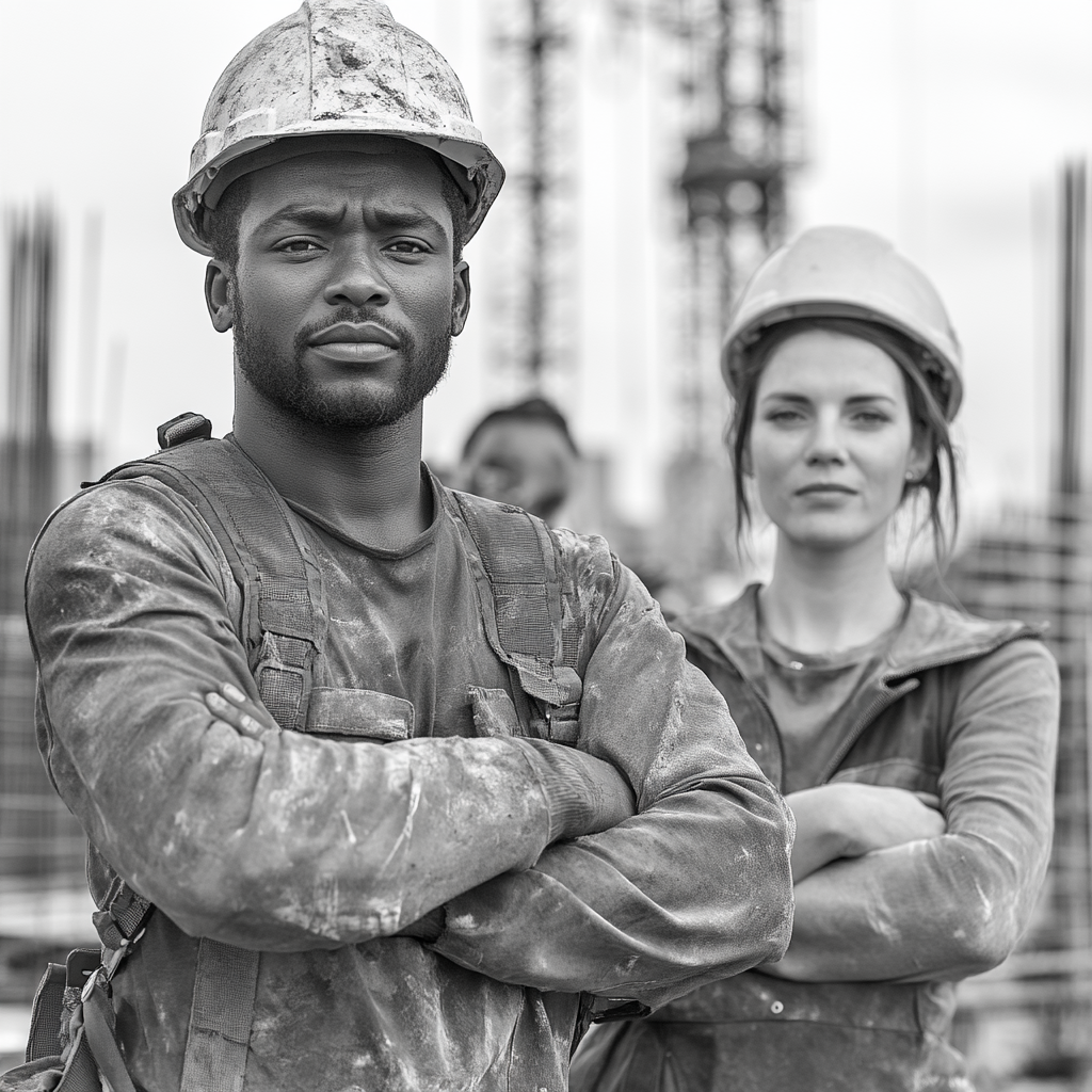 Builder African man, European architect woman, workers, construction site.