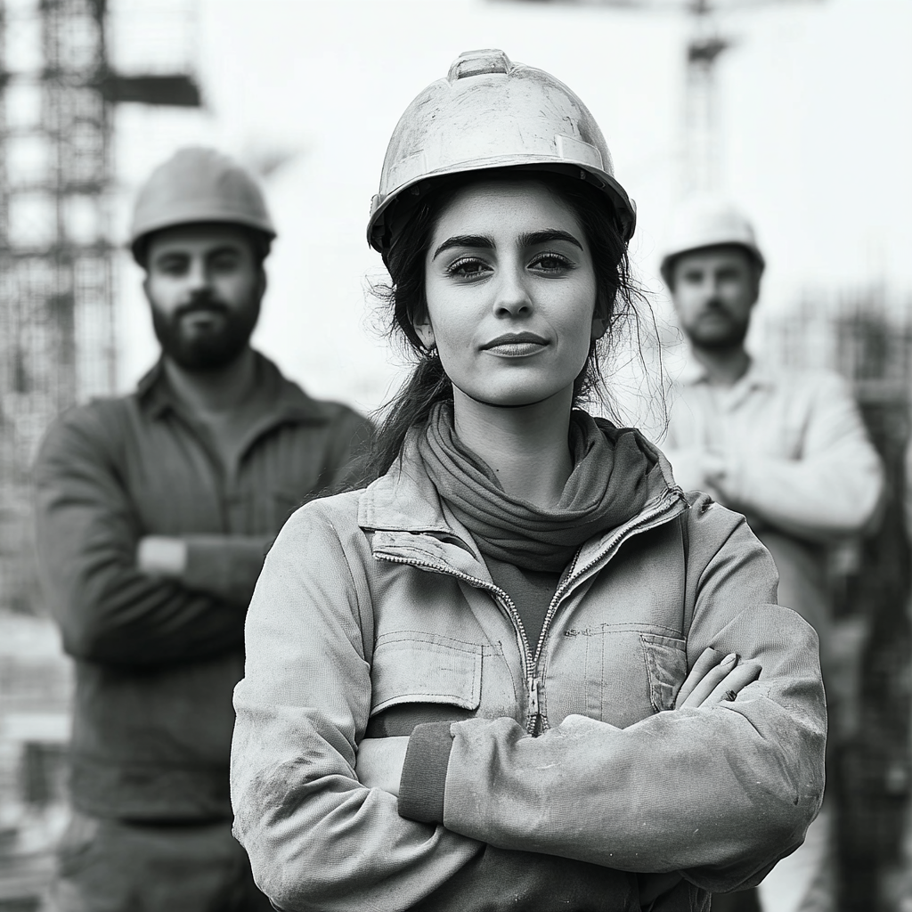 Builder Moroccan man, European architect woman, workers in uniform.