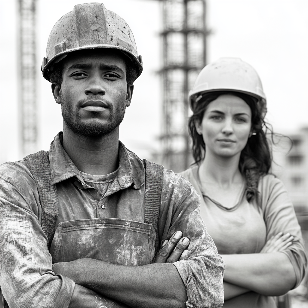 Builder man, architect woman with team at construction site.