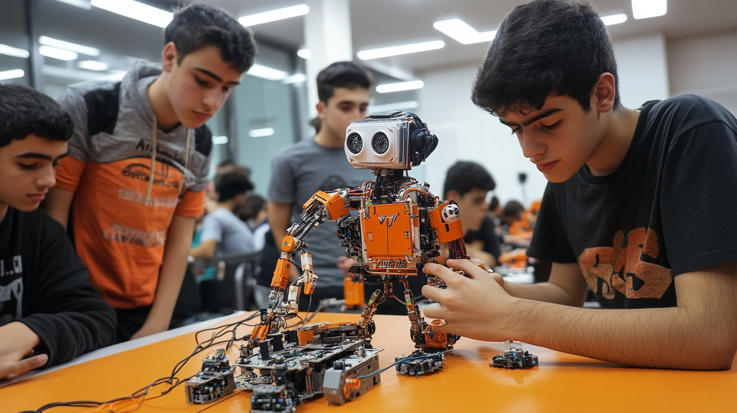 Building a robot in a robotics hall.