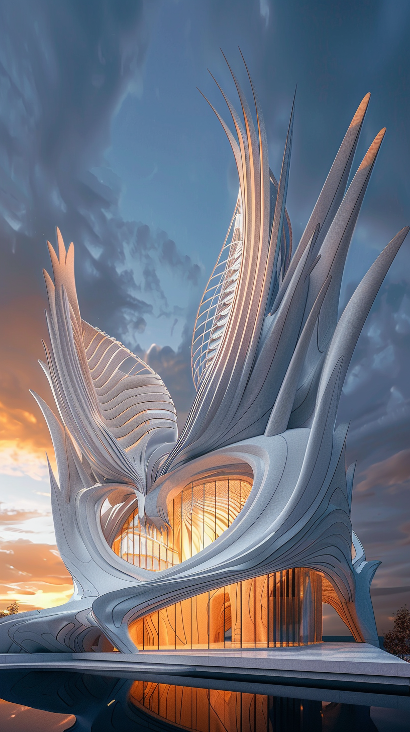 Building inspired by bird shapes and feathers, hyper realistic.