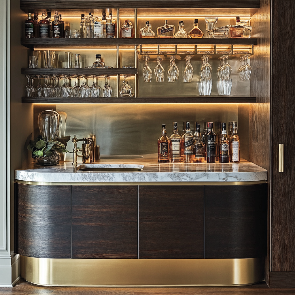 Built in bar with brass bottom, marble top.