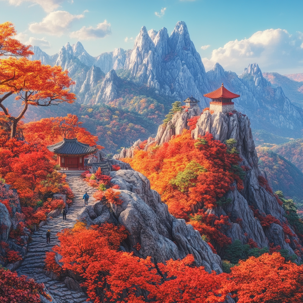 Bukhansan Mountain in Seoul with autumn leaves