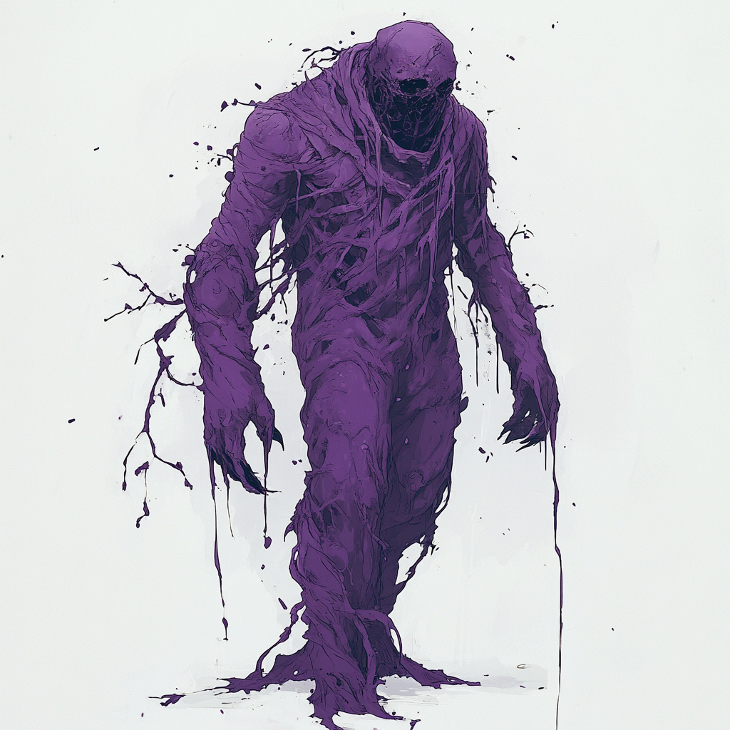 Bulky humanoid creature made of purple sludge. White background.