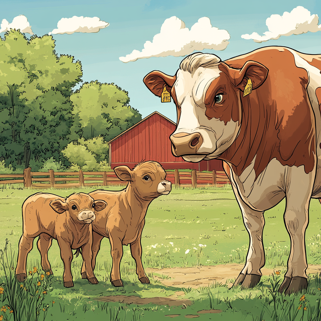 Bull, cows, and calf on farm with barn