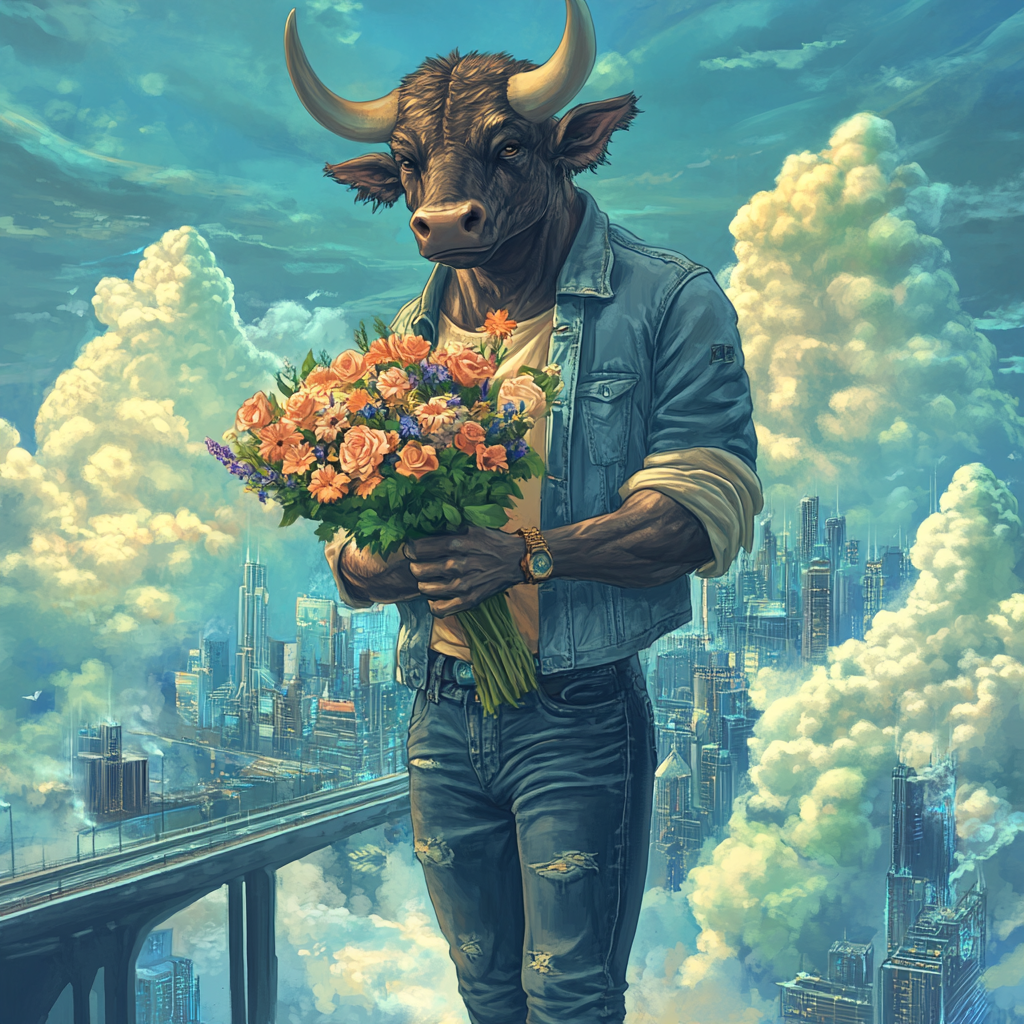 Bull-headed minotaur wearing jeans holds flower bundle. Cloud city background.