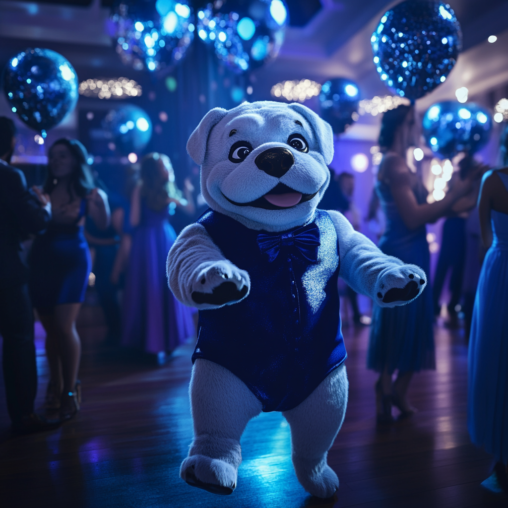 Bulldog Mascot Dances at Prom with Elegant Decor