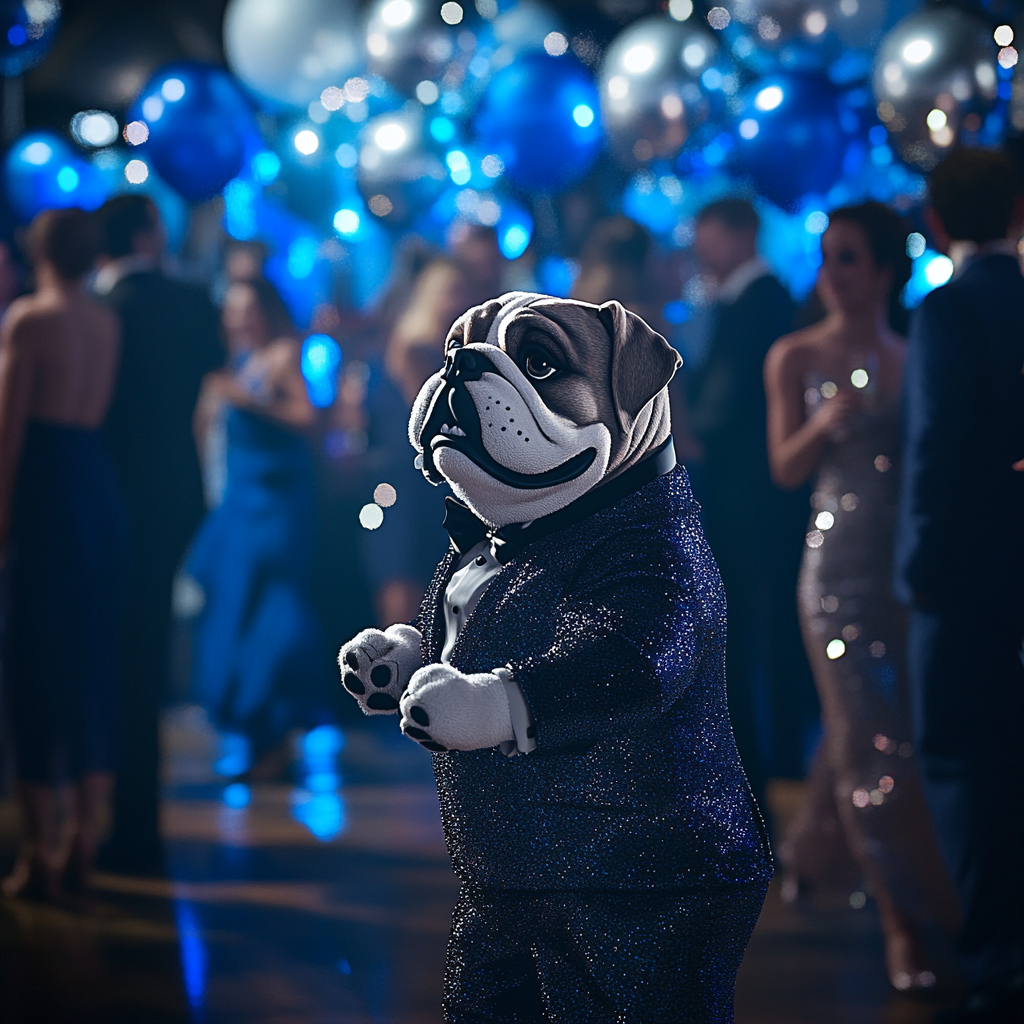 Bulldog Mascot Dances at Prom with Sparkling Lights