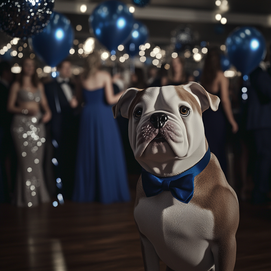 Bulldog mascot at prom with elegant decor.