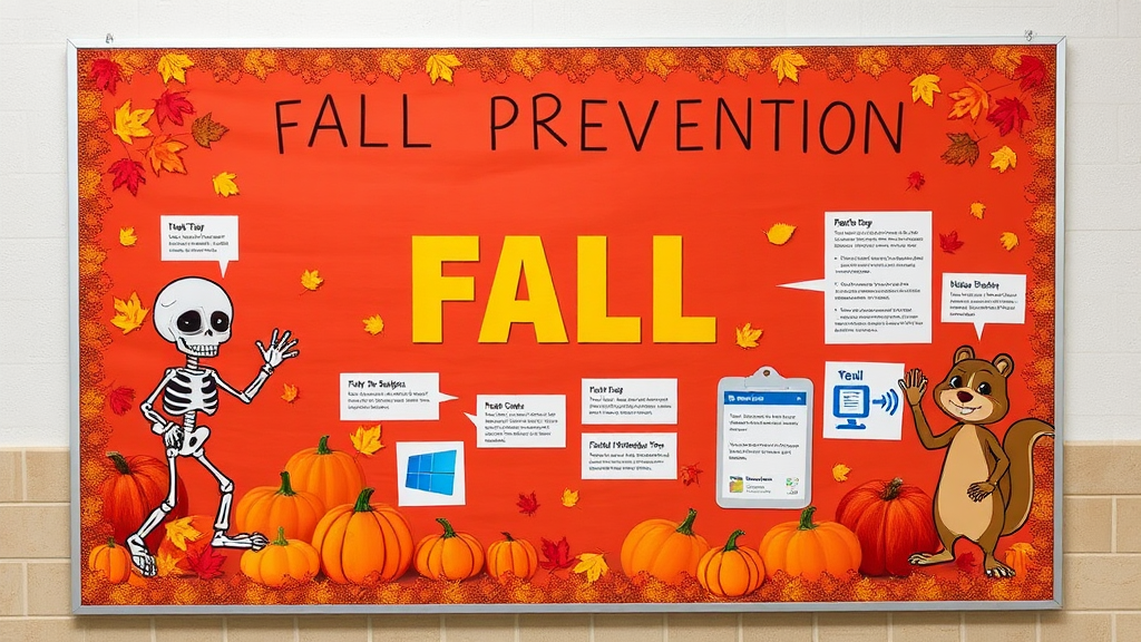 Bulletin board promoting fall safety with autumn theme.