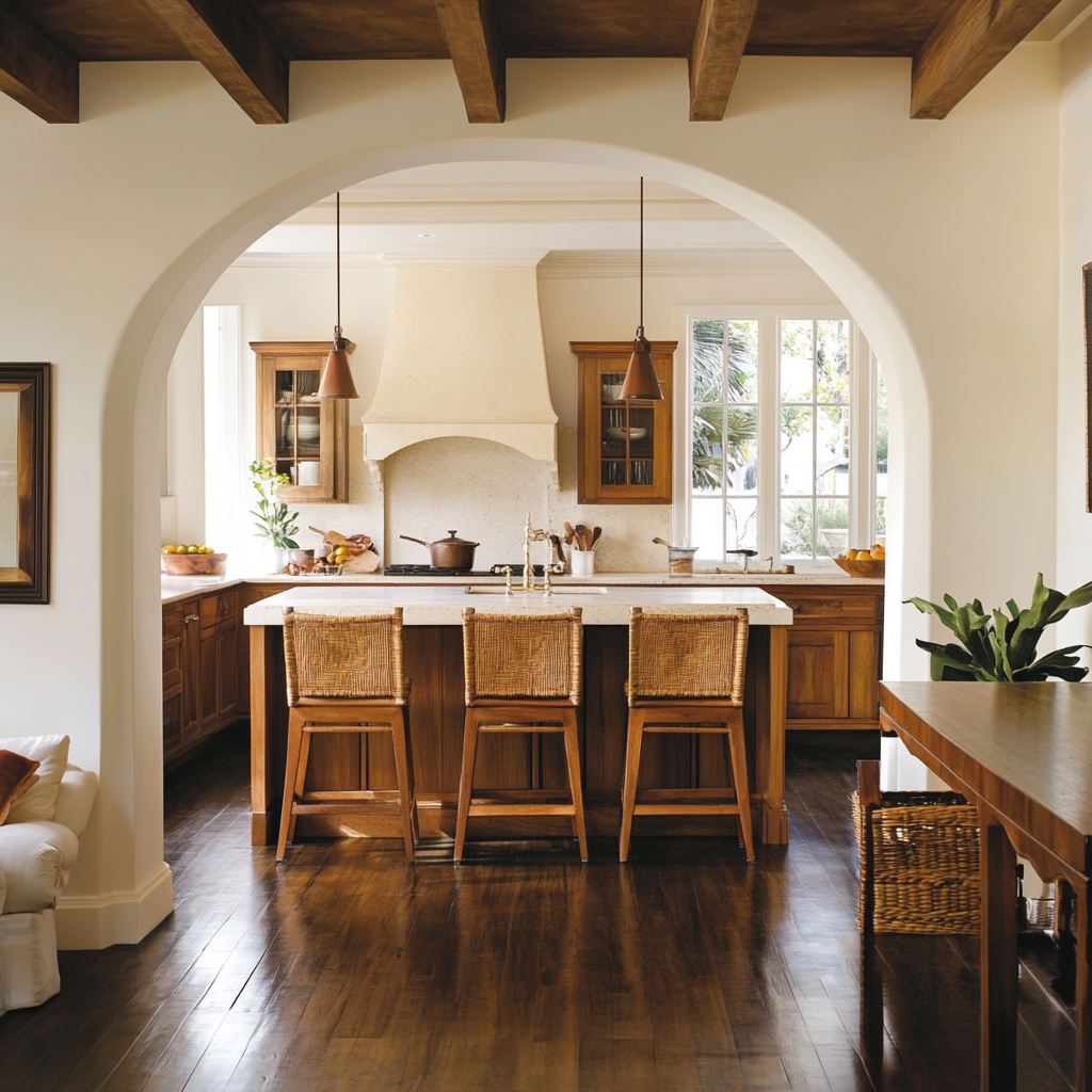 Bungalow Kitchen with Arch into Living Room Decor