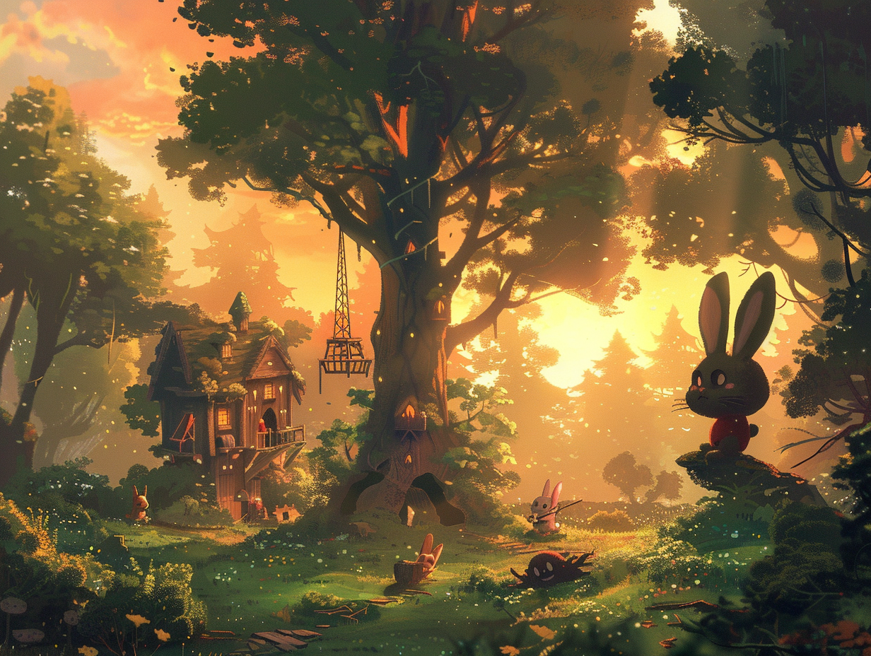 Bunnies fixing treehouses in green forest at sunset.