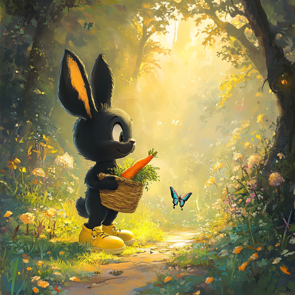 Bunny Shoesley in vibrant forest picking carrots. Butterfly advice.