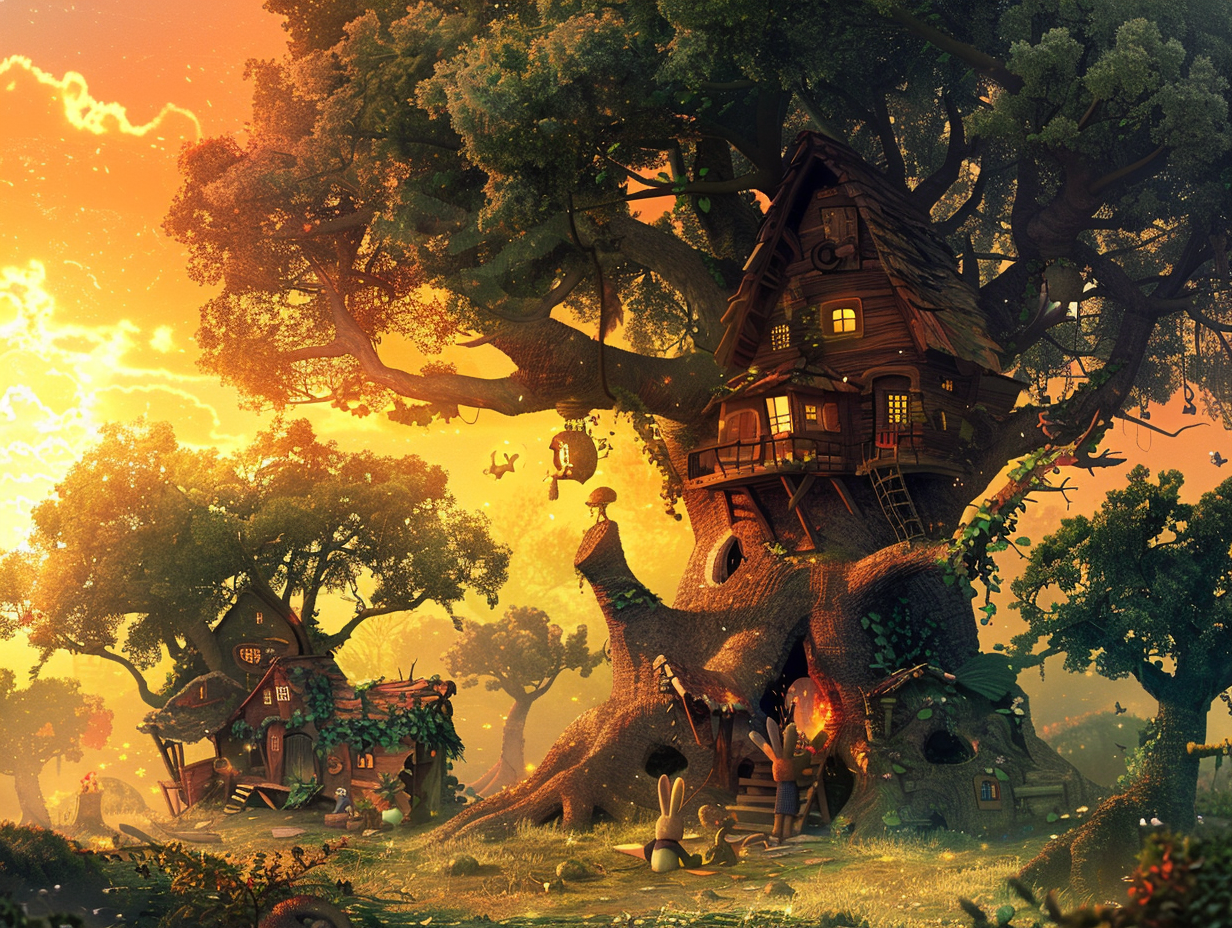 Bunny and friends fixing broken treehouses in forest sunset.