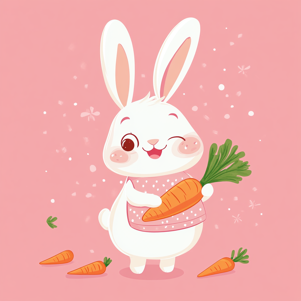 Bunny holding carrot in flat cartoon style illustration.