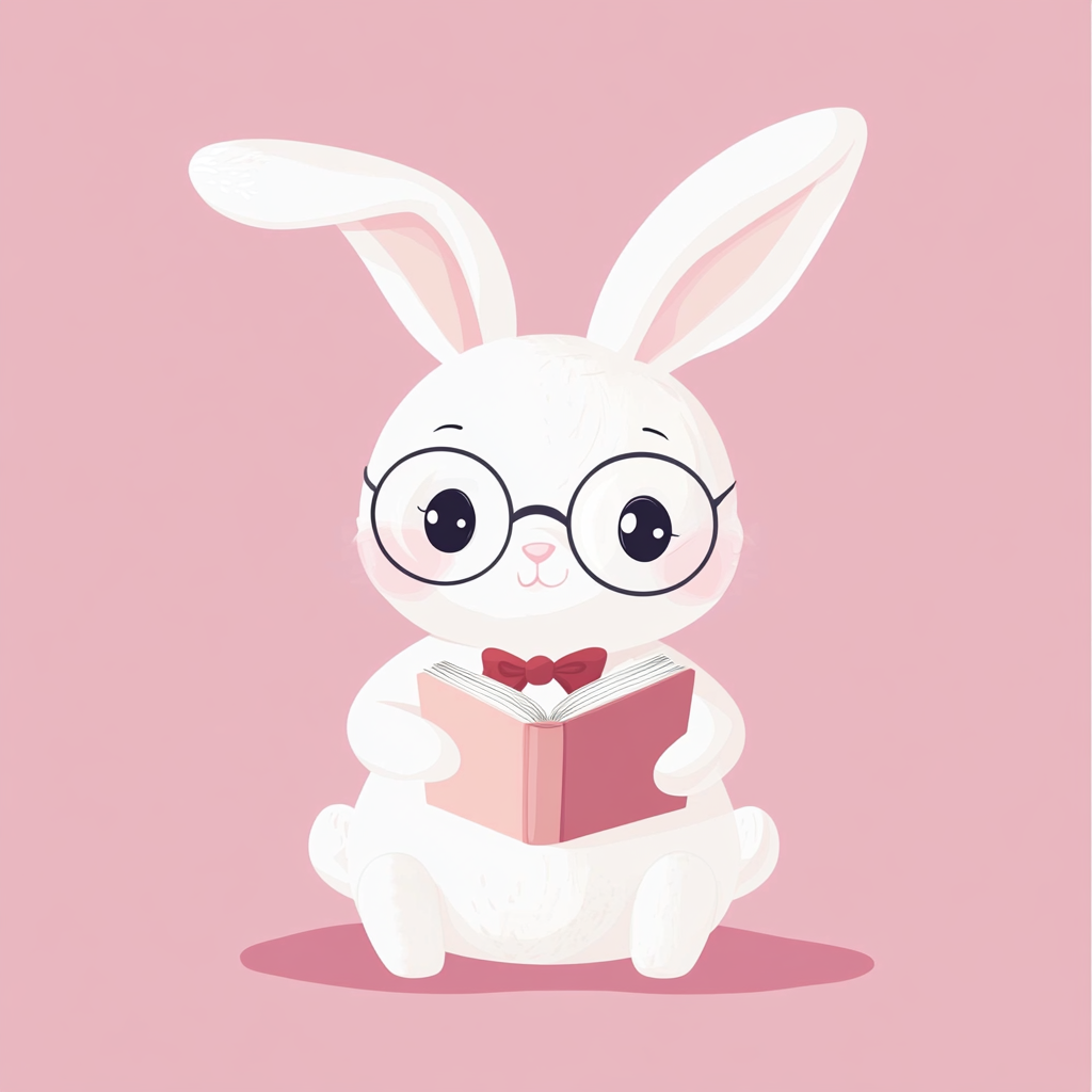 Bunny with glasses and bow tie holding book.