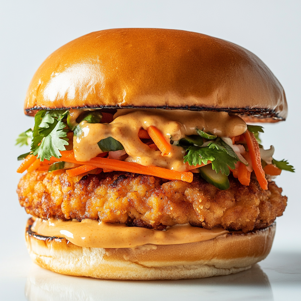 Burger with chicken patty, Thai peanut sauce