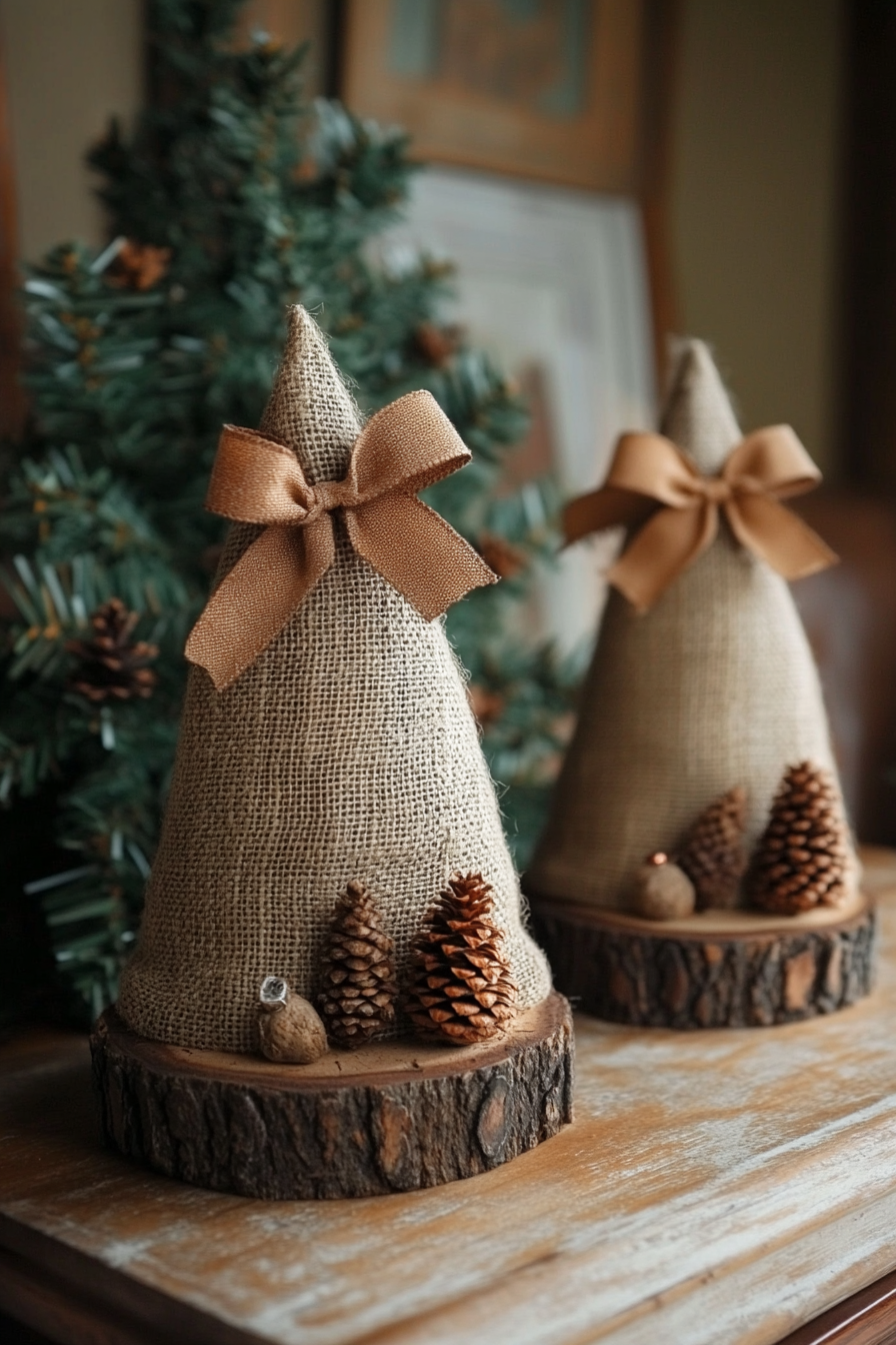 Burlap-Wrapped Mini Christmas Trees: Rustic Simplicity