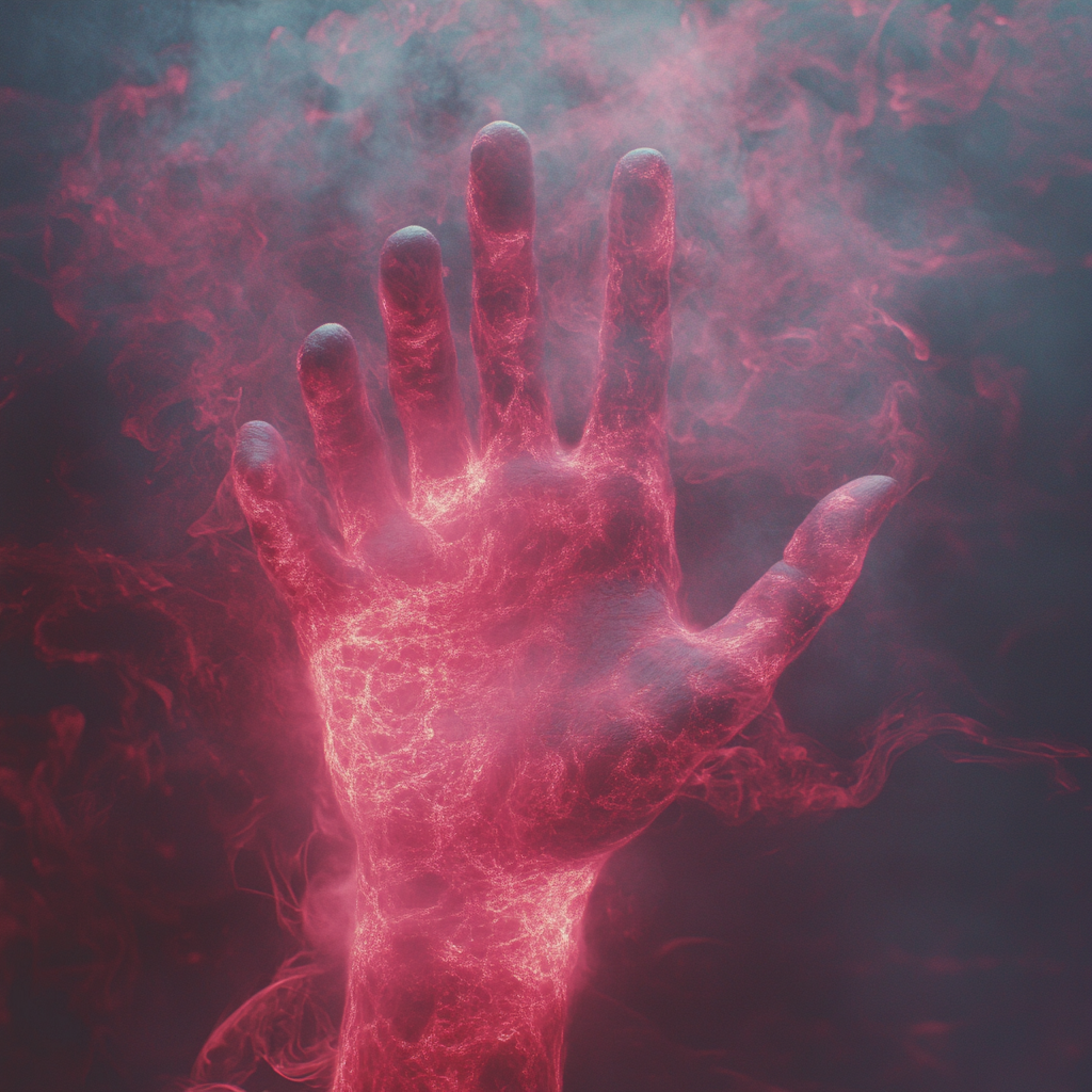 Burning hand in red and magenta mist formation.