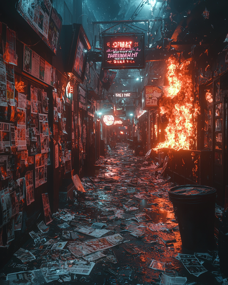 Burning newspapers, debris, chaos in alley, detailed Fuji shot.