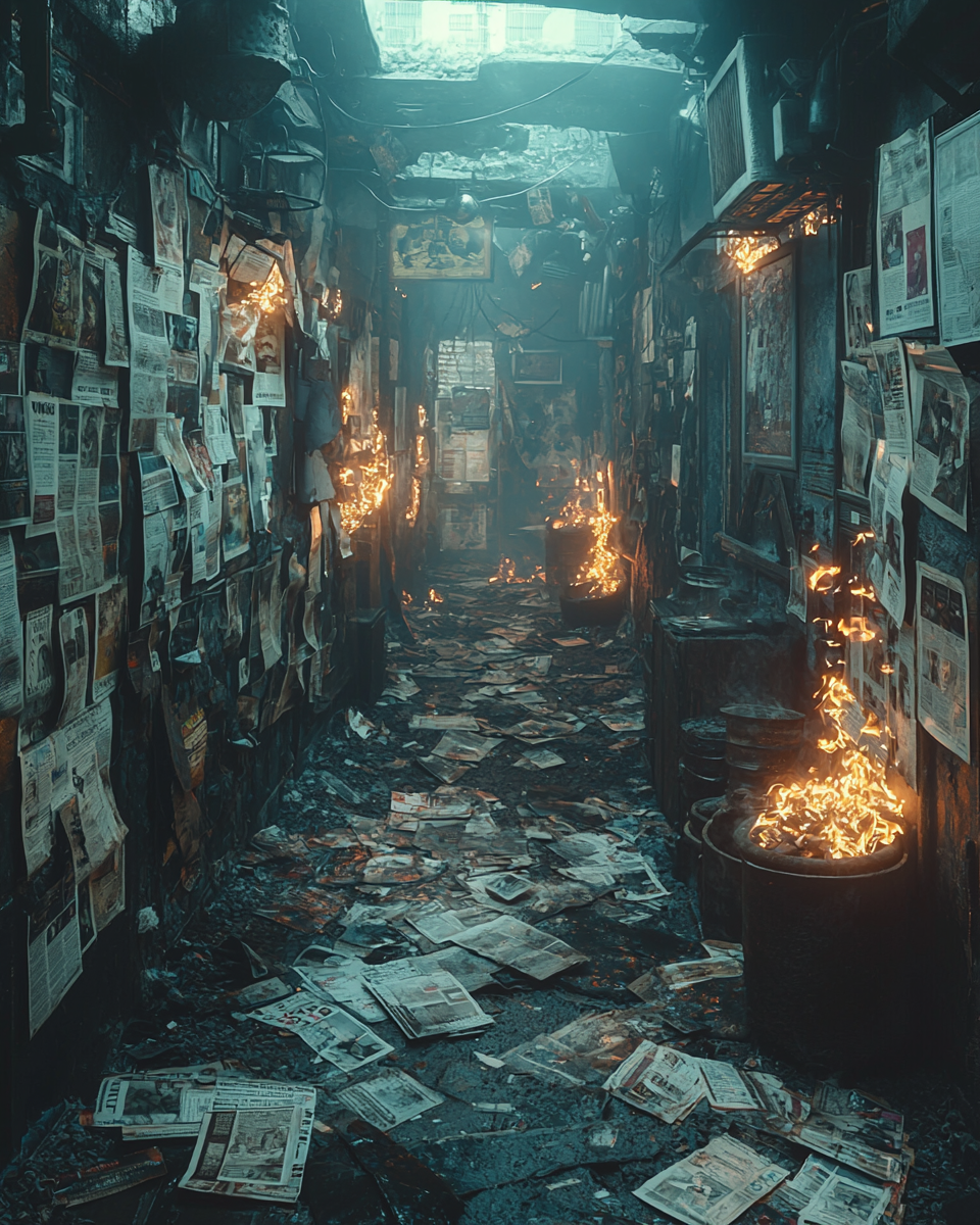 Burning newspapers in chaotic alley with fiery metal pots.