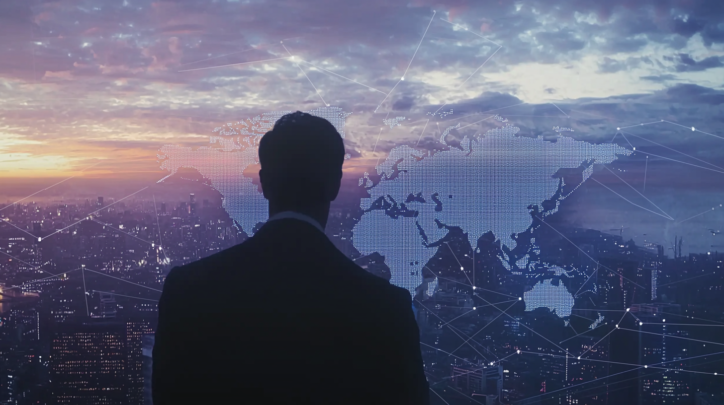 Business Executive Overlooking City Skyline at Sunrise