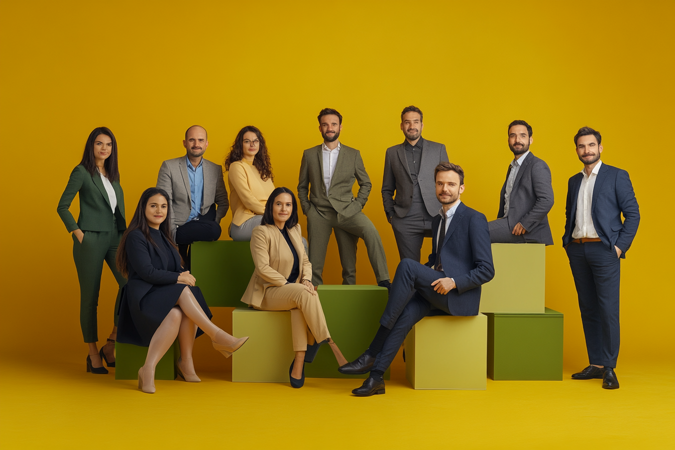 Business Group Photo: 10 People in Yellow Studio