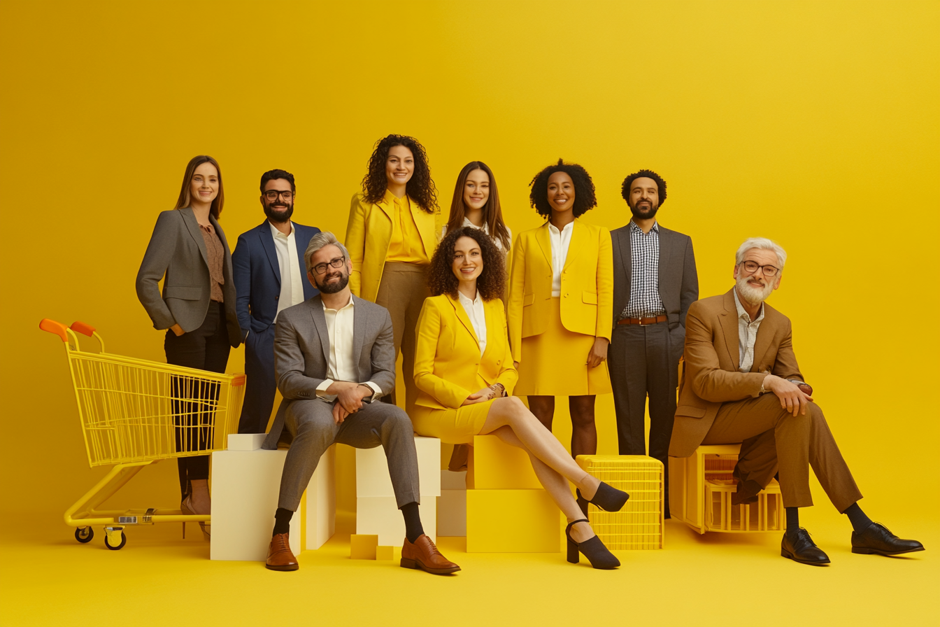 Business Team in Yellow Studio with Blocks and Cart