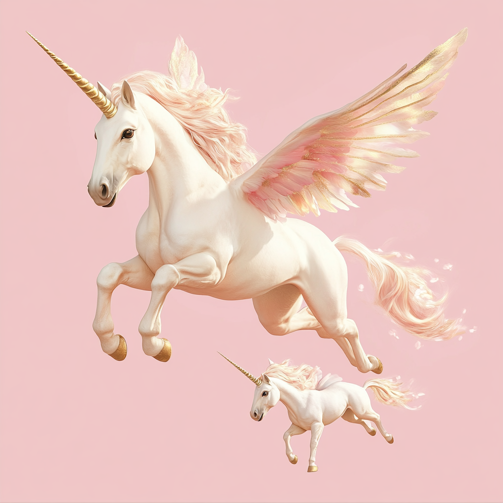 Business logo: hyper realistic flying unicorn with baby unicorn