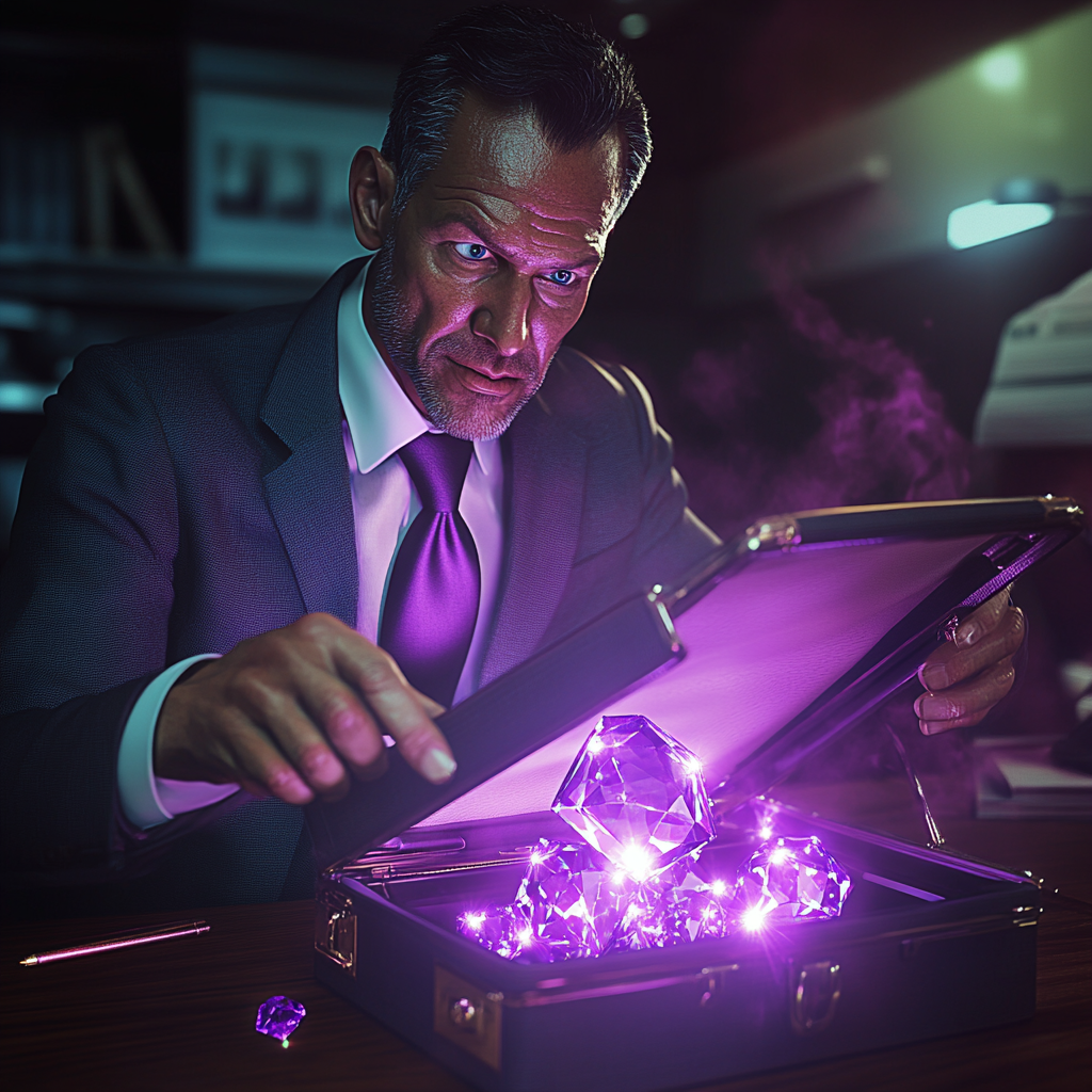 Business man in suit finds glowing purple diamonds inside.