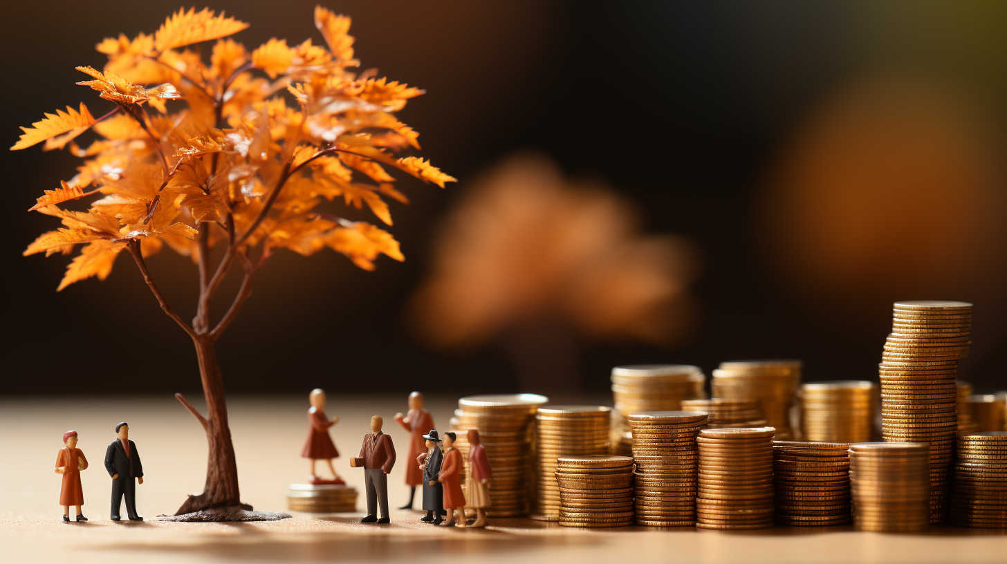 Miniature business figures in an autumn forest