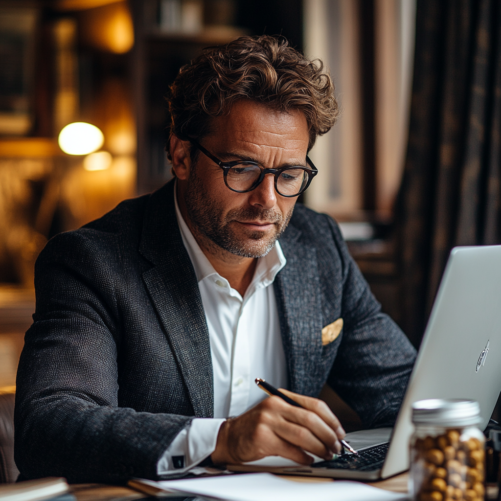 Businessman in Glasses Working on Laptop with Supplement Jar