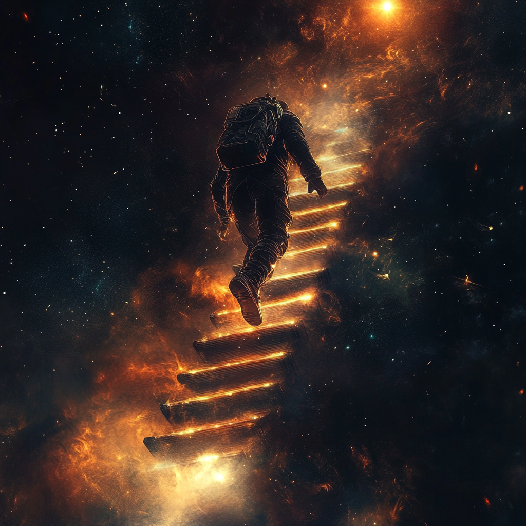 Businessman in suit climbing illuminated space stairs towards star.