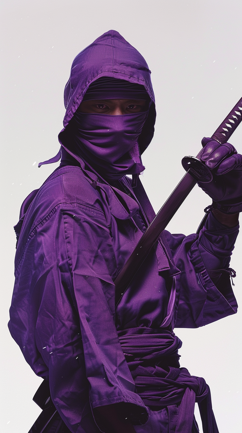 Businessman ninja in purple suit, hand near mouth, katana.