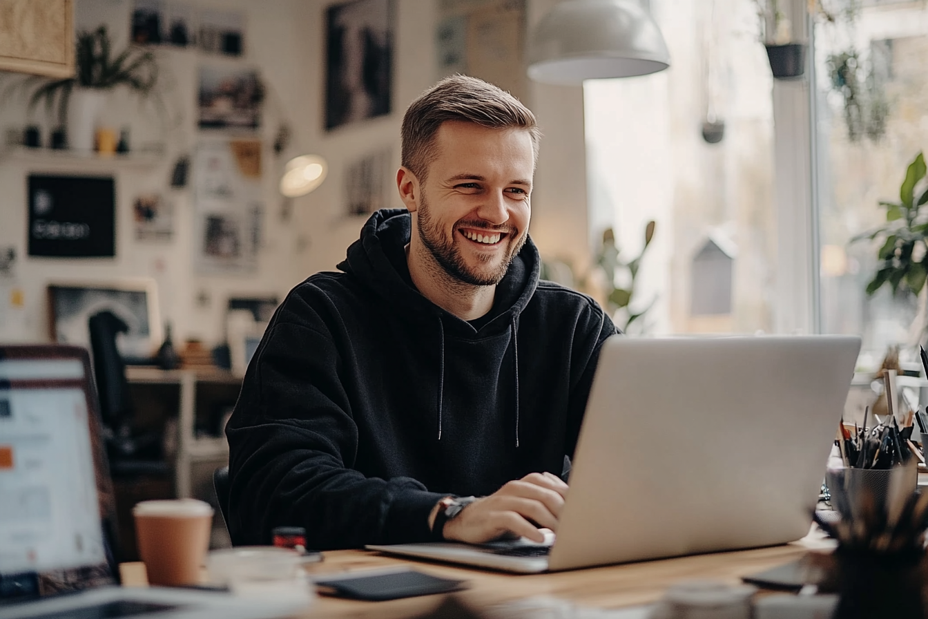 Businessman smiling at laptop, creating online advertising content.