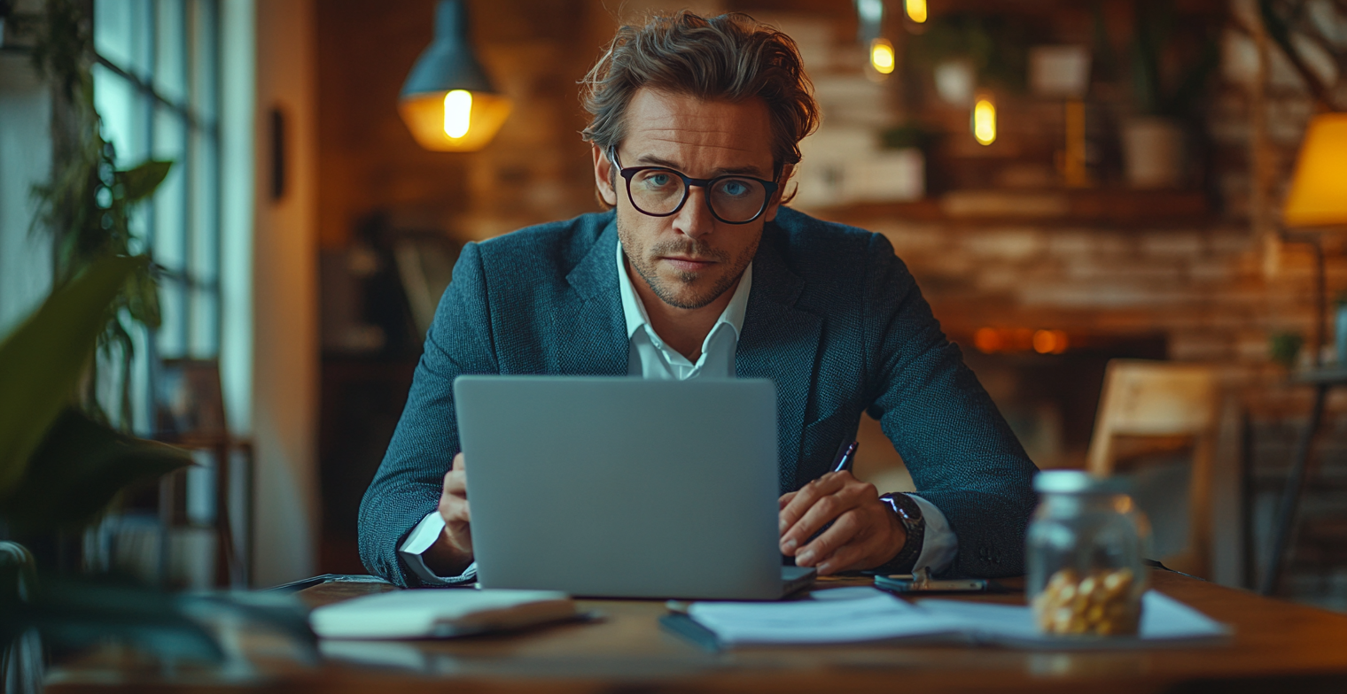 Businessman with Laptop and Supplement Powder Working on Project