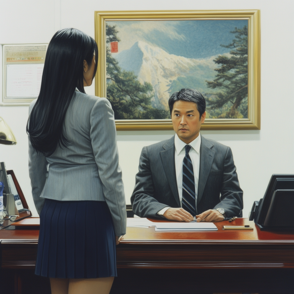 Businesswoman in Japan Office Talking with Man