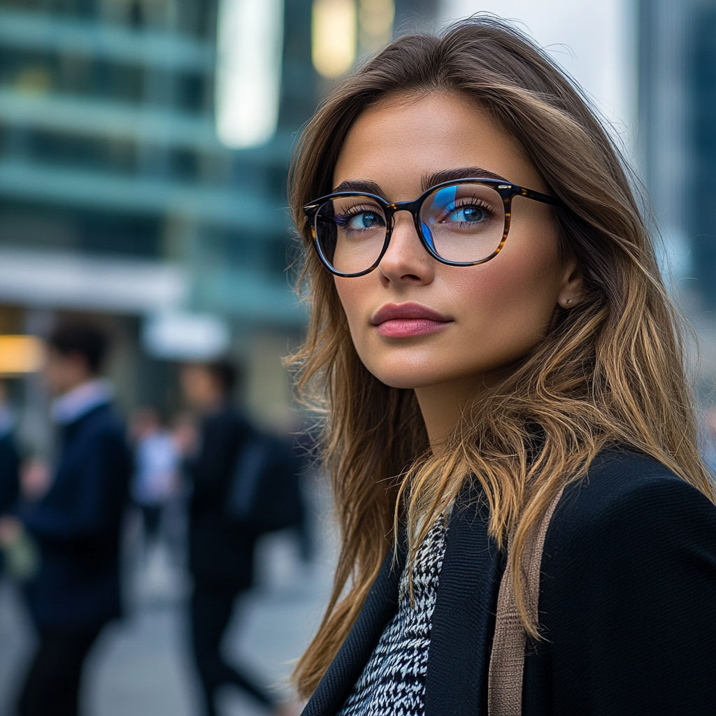 Businesswoman in blue glasses near high-rise, relaxed atmosphere.