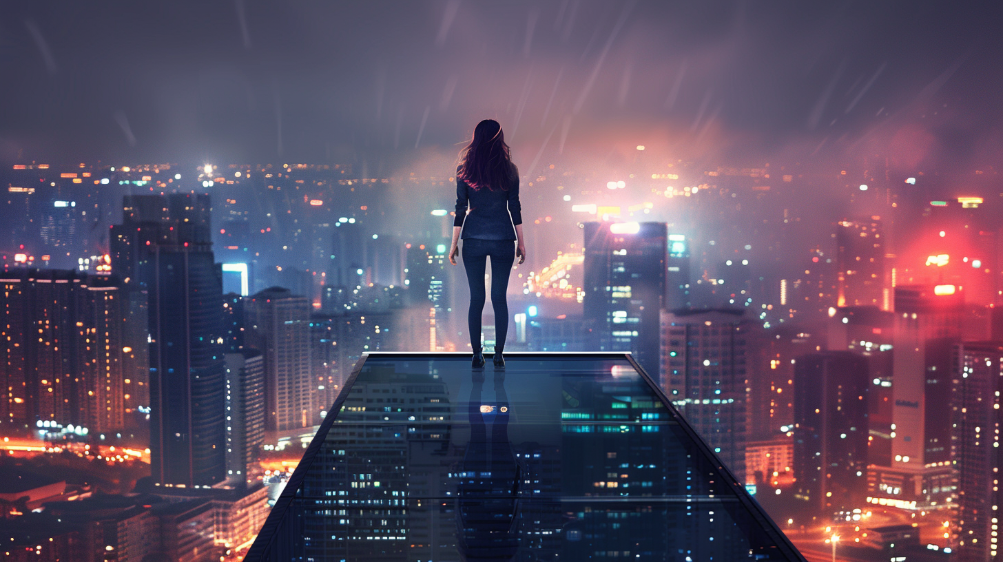 Businesswoman standing on modern building, admiring vibrant city lights.