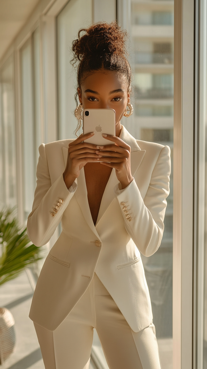 Businesswoman taking photo with iPad in bright office