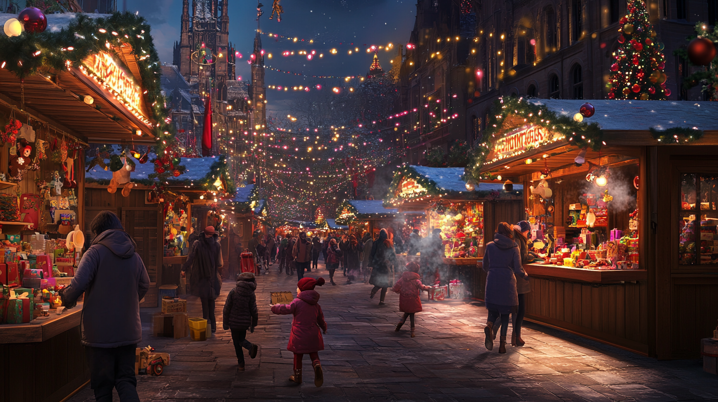 Bustling Christmas Market with Colorful Lights and Stalls