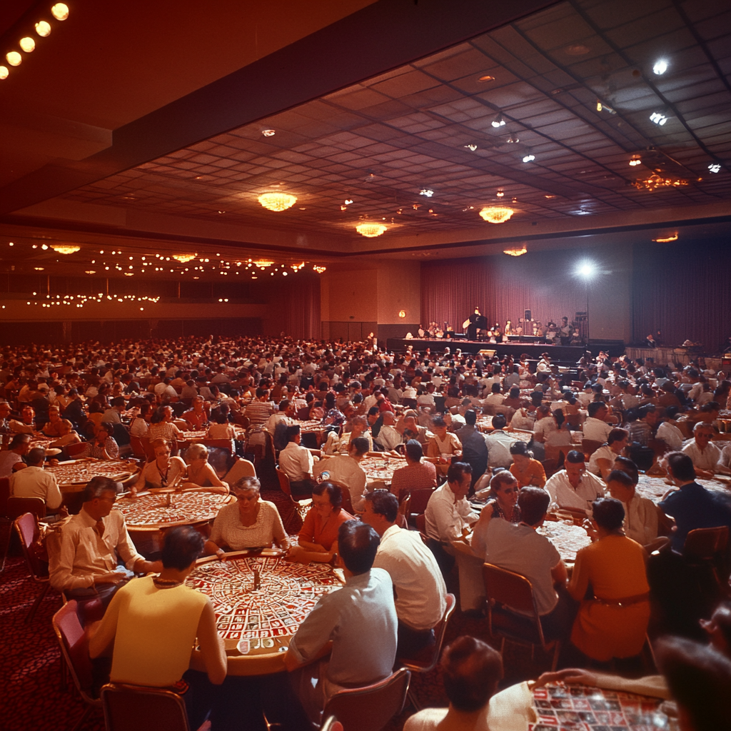 Busy 1960s Bingo Hall with Diverse Crowd