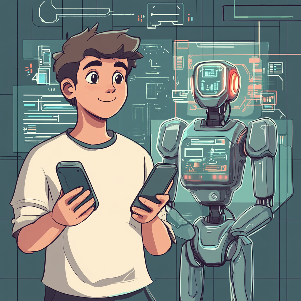 Busy Boy with Two Phones and Robot Assistant