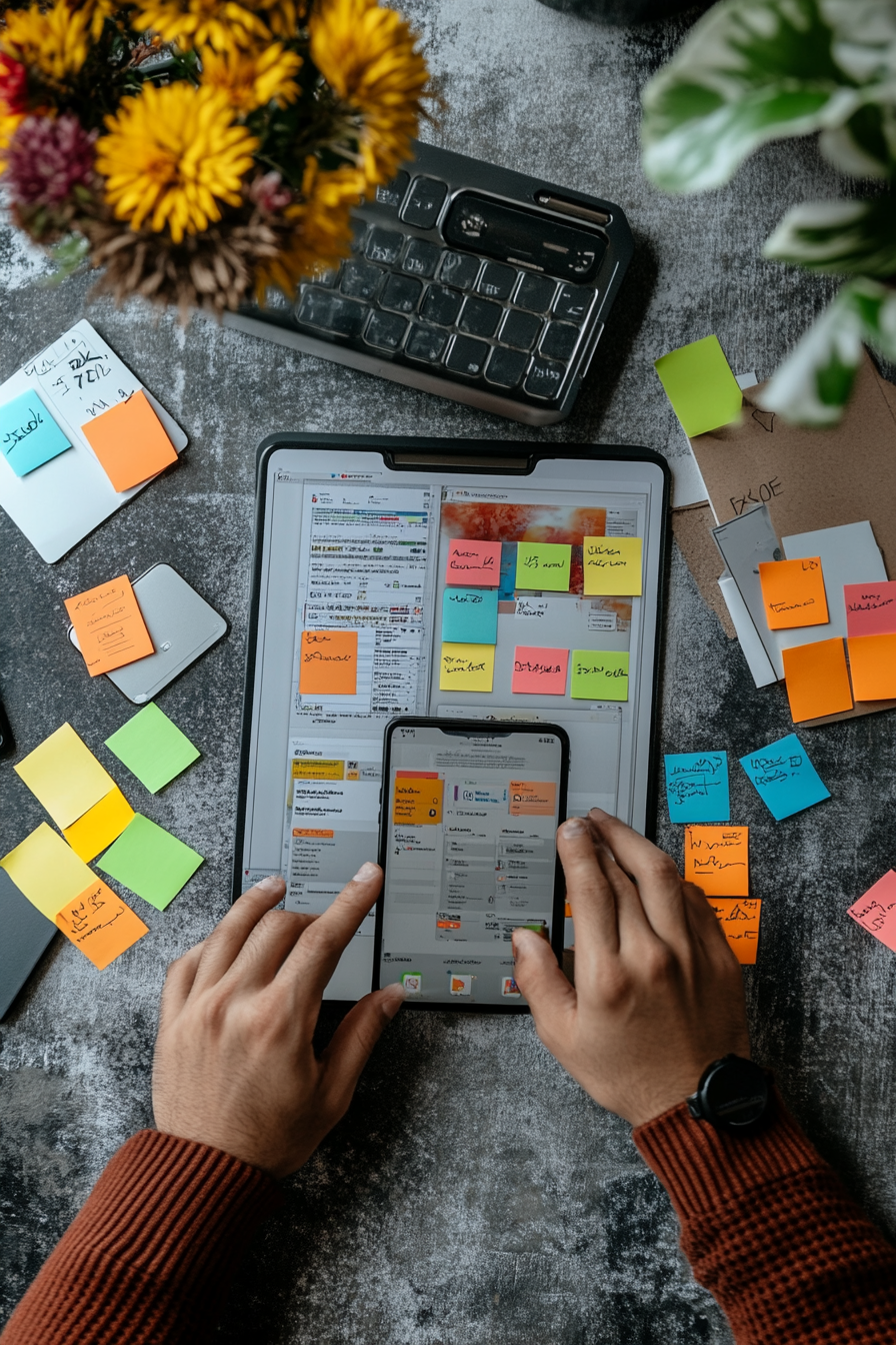 Busy Freelancer's Workspace with Devices and Sticky Notes.