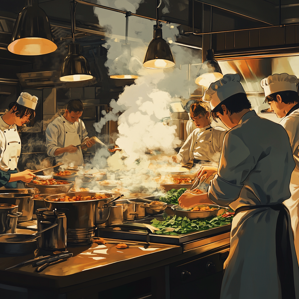 Busy Kitchen Scene: Chefs Cooking Animated 2D