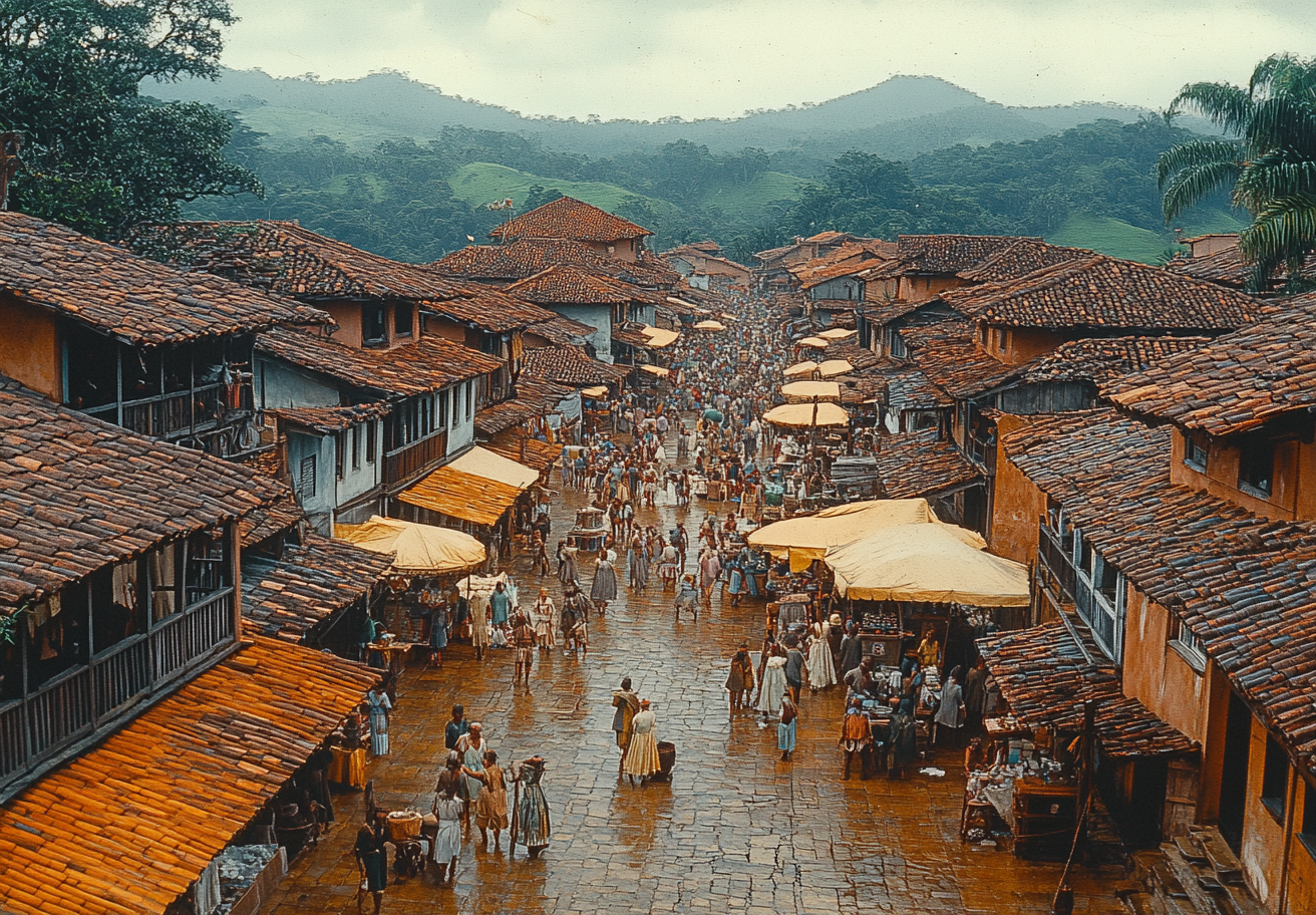 Busy Medieval Market in Viking Settlement, 1540's Brazil